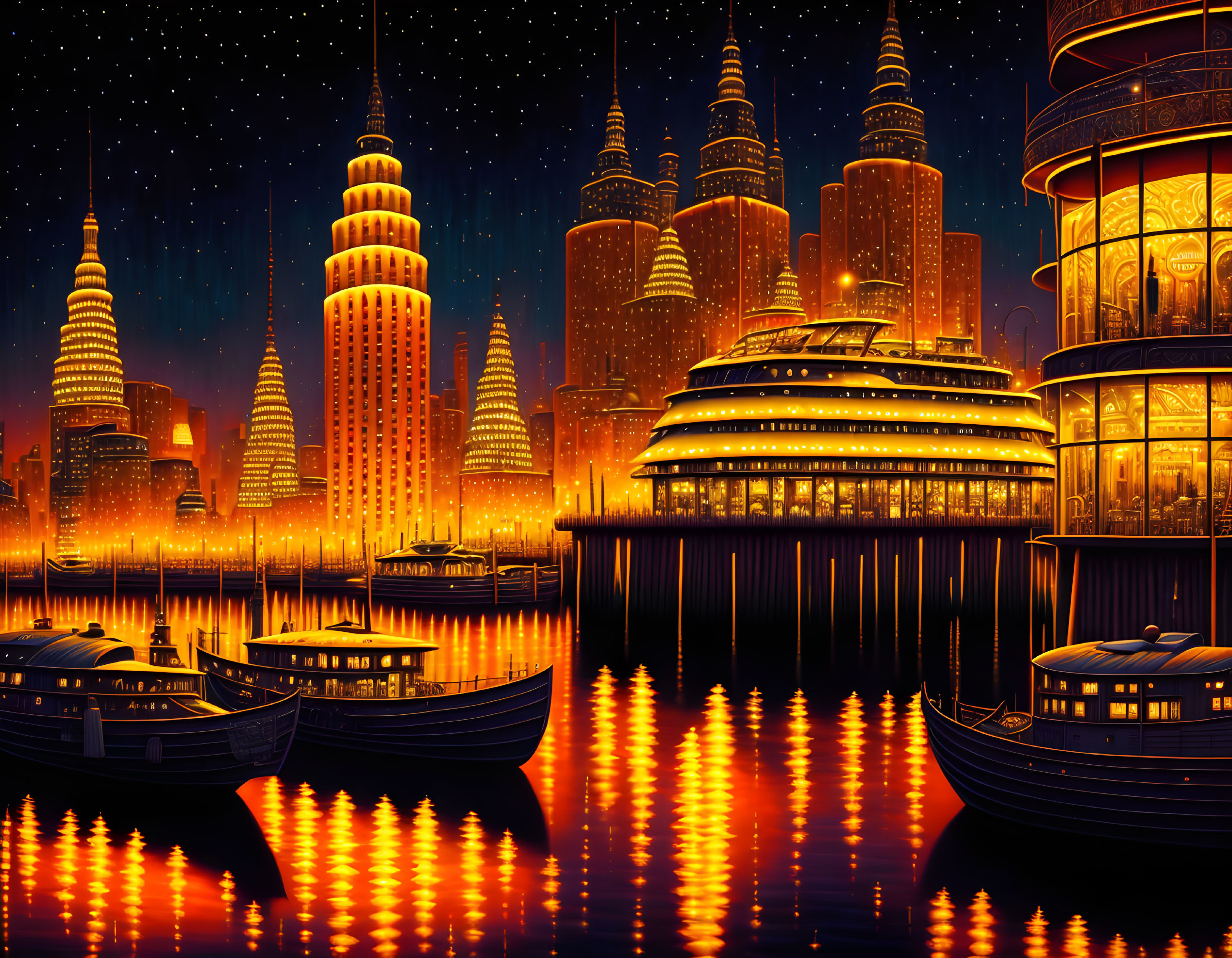 Futuristic cityscape digital artwork with illuminated skyscrapers