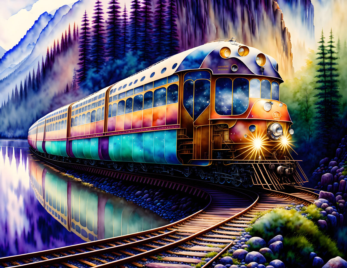 Colorful train on tracks by lake with mountains at sunset