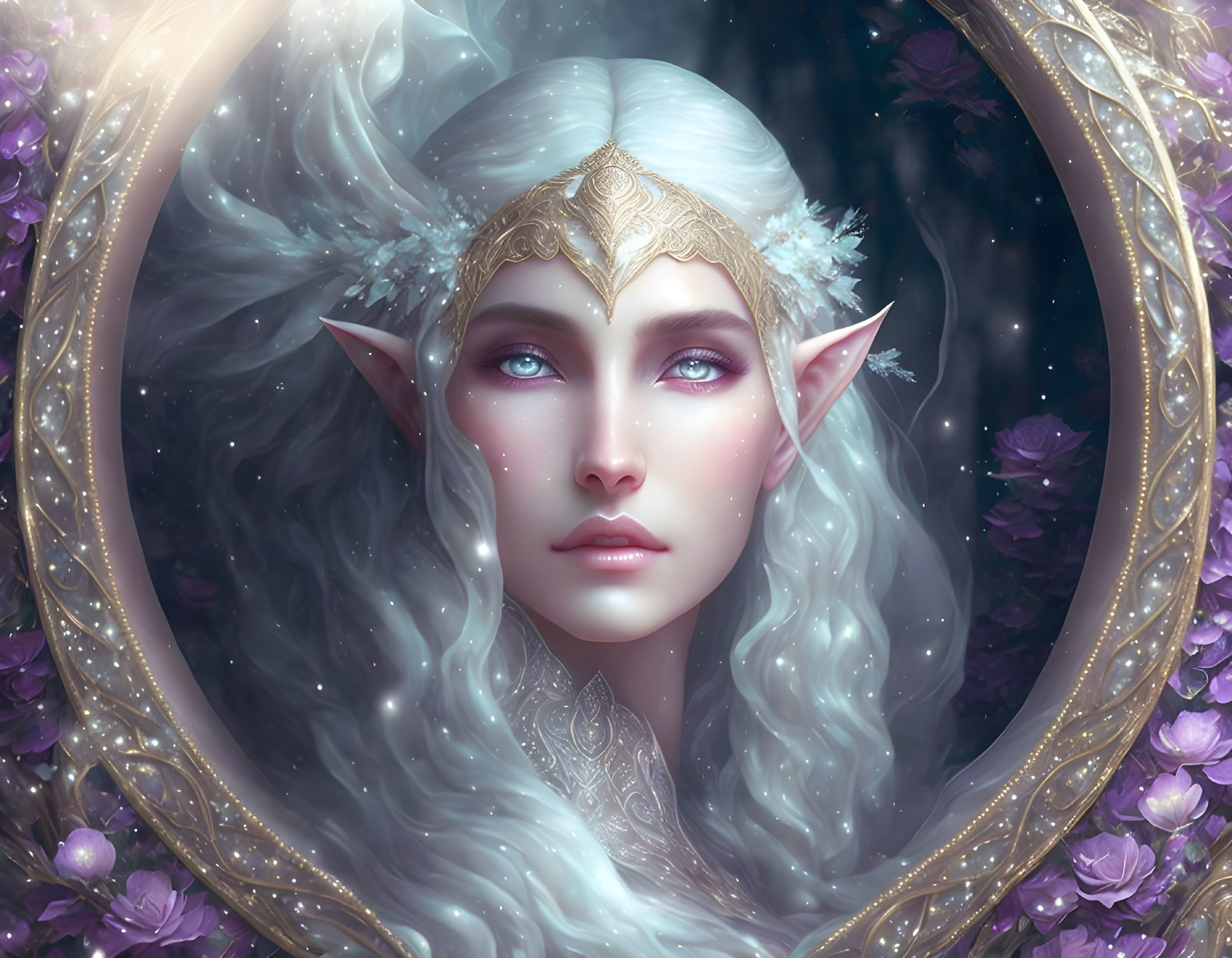 Ethereal elf with pointed ears and silver hair in golden tiara, surrounded by violet flowers and