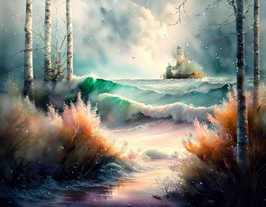 Ship cresting ocean waves surrounded by birch trees and snowfall storm.