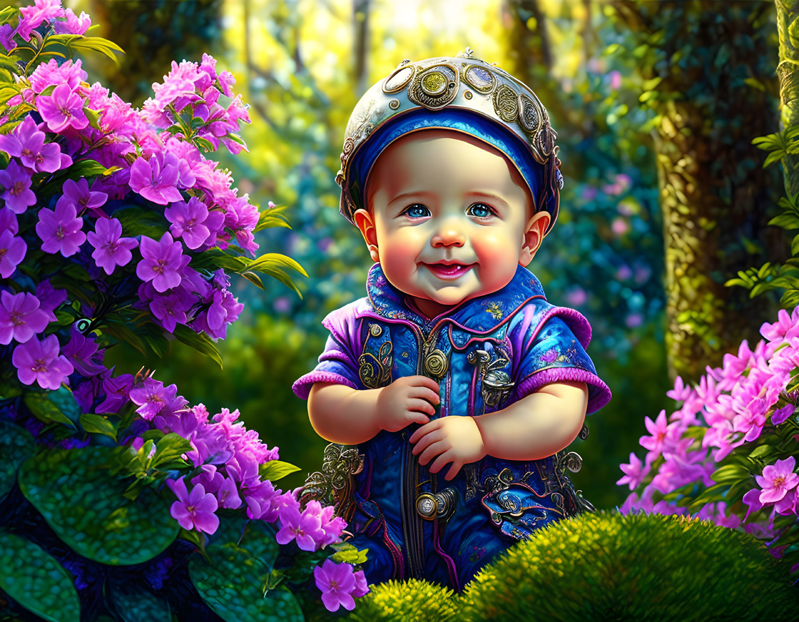 Smiling baby in blue outfit and helmet among vibrant flowers