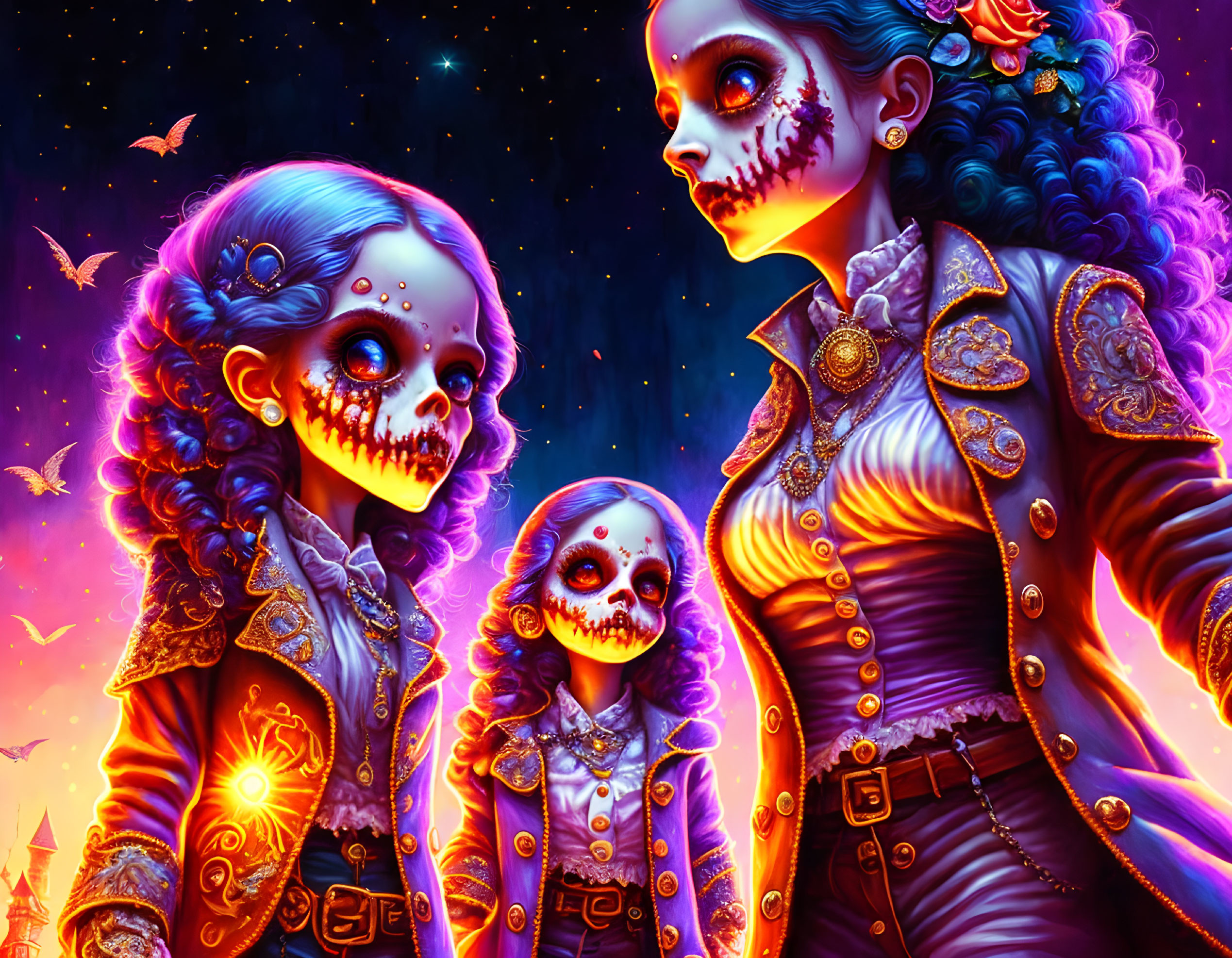 Three people in skull face paint in period attire under starry sky with butterflies.