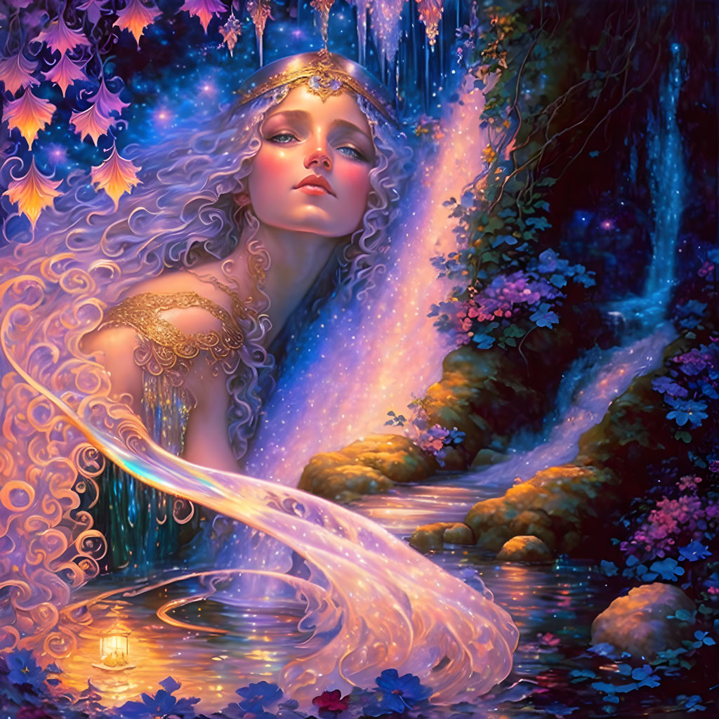 Ethereal woman with luminous hair in mystical forest setting