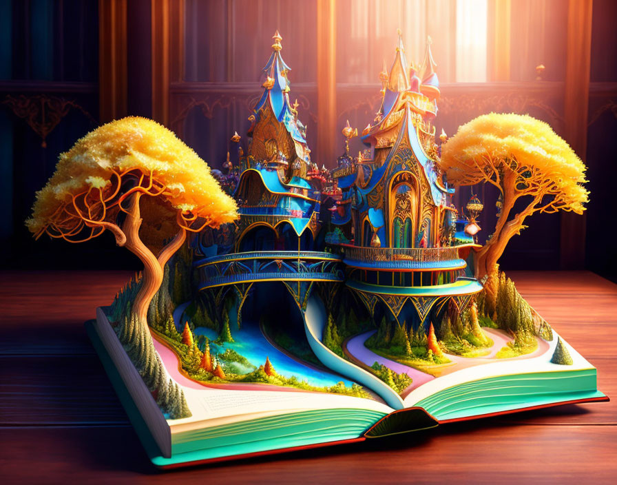 Vivid 3D pop-up fantasy castle in open book scene