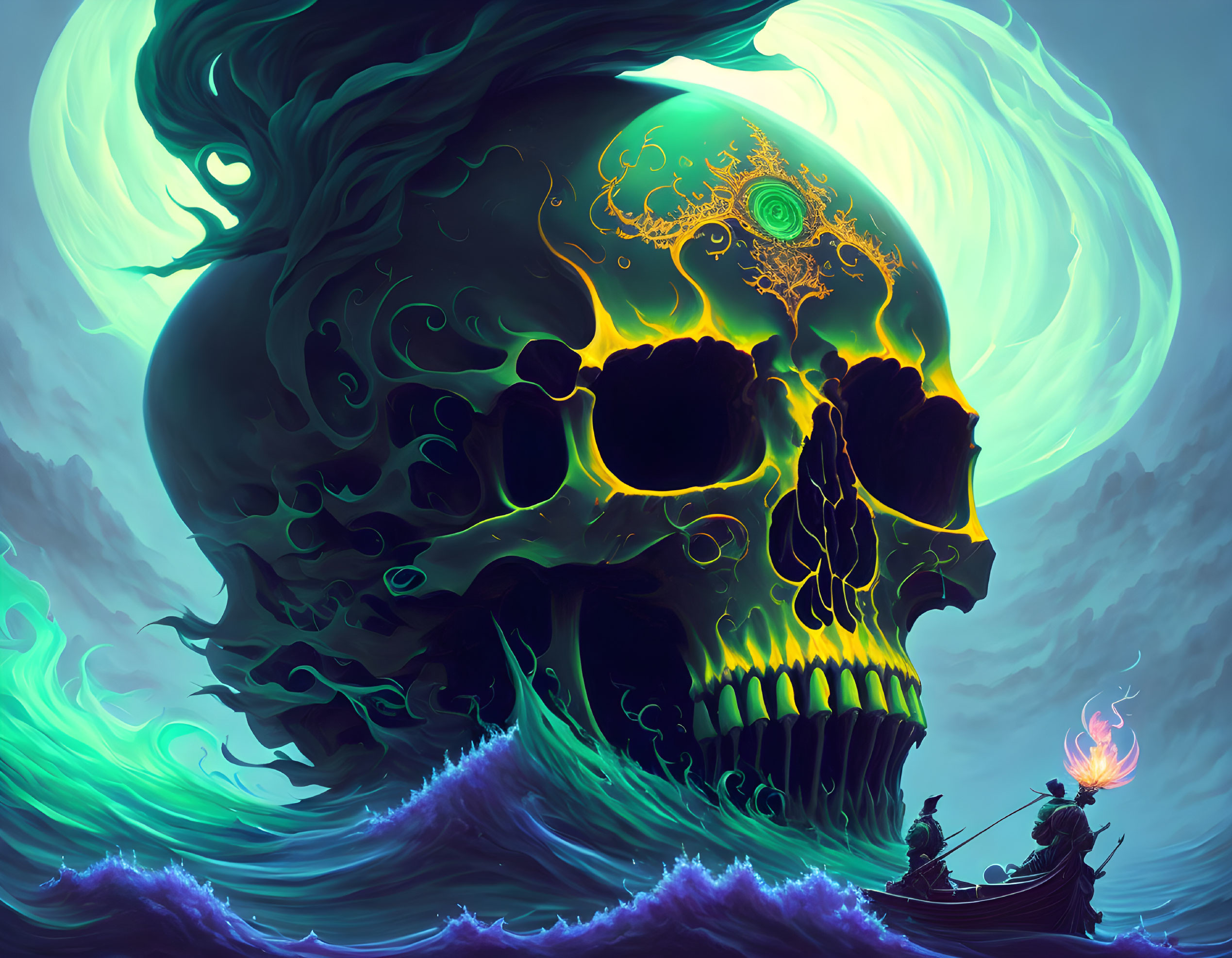 Surreal artwork: Giant skull with green and yellow patterns in teal waves