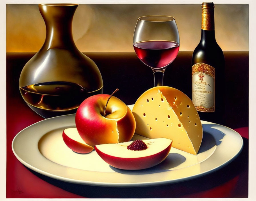 Classic Still Life Painting with Wine Bottle, Glass, Decanter, Cheese, Apples, and Berry