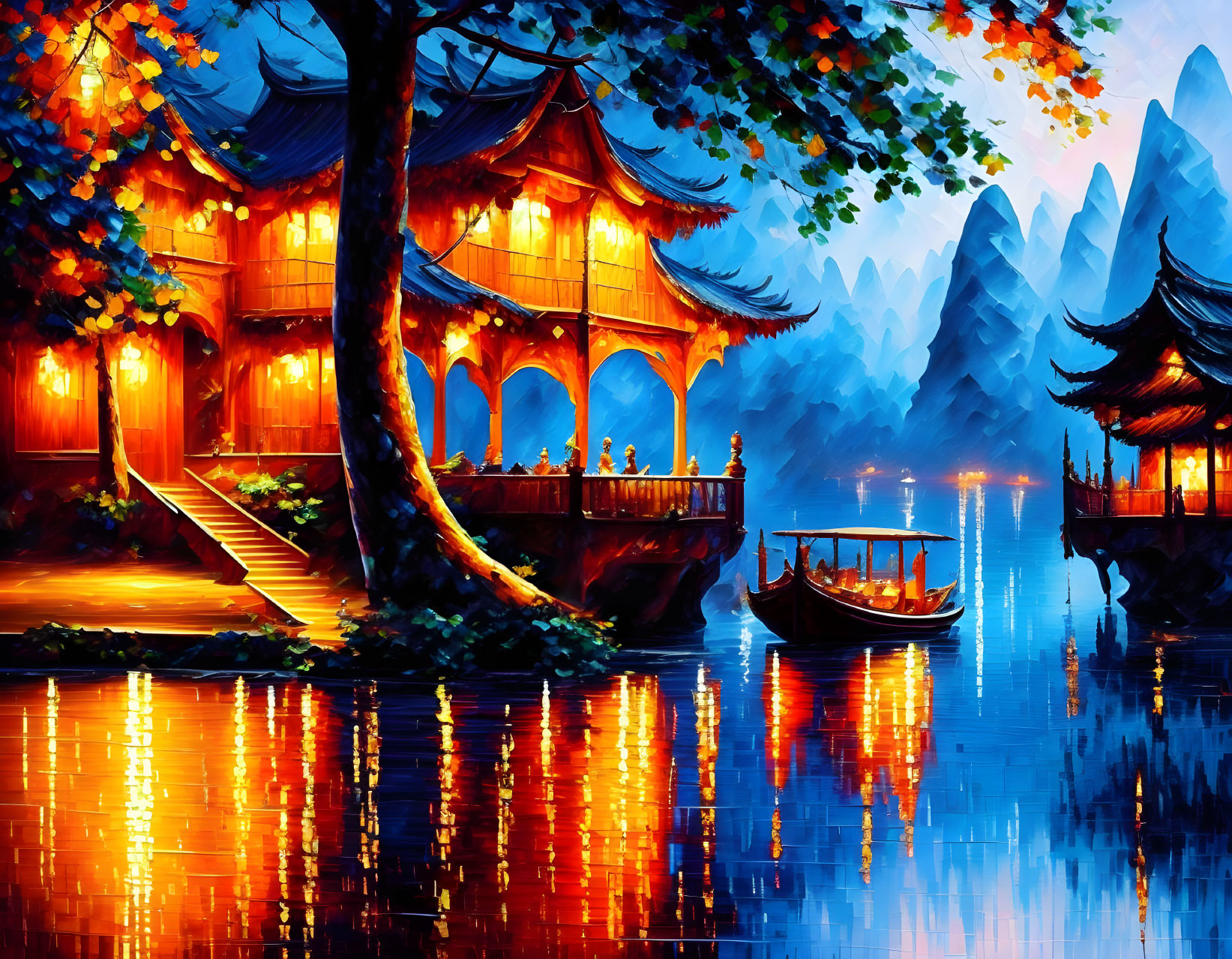 Asian Pagoda Buildings Reflecting in Lake with Autumn Foliage, Mountains, and Boat