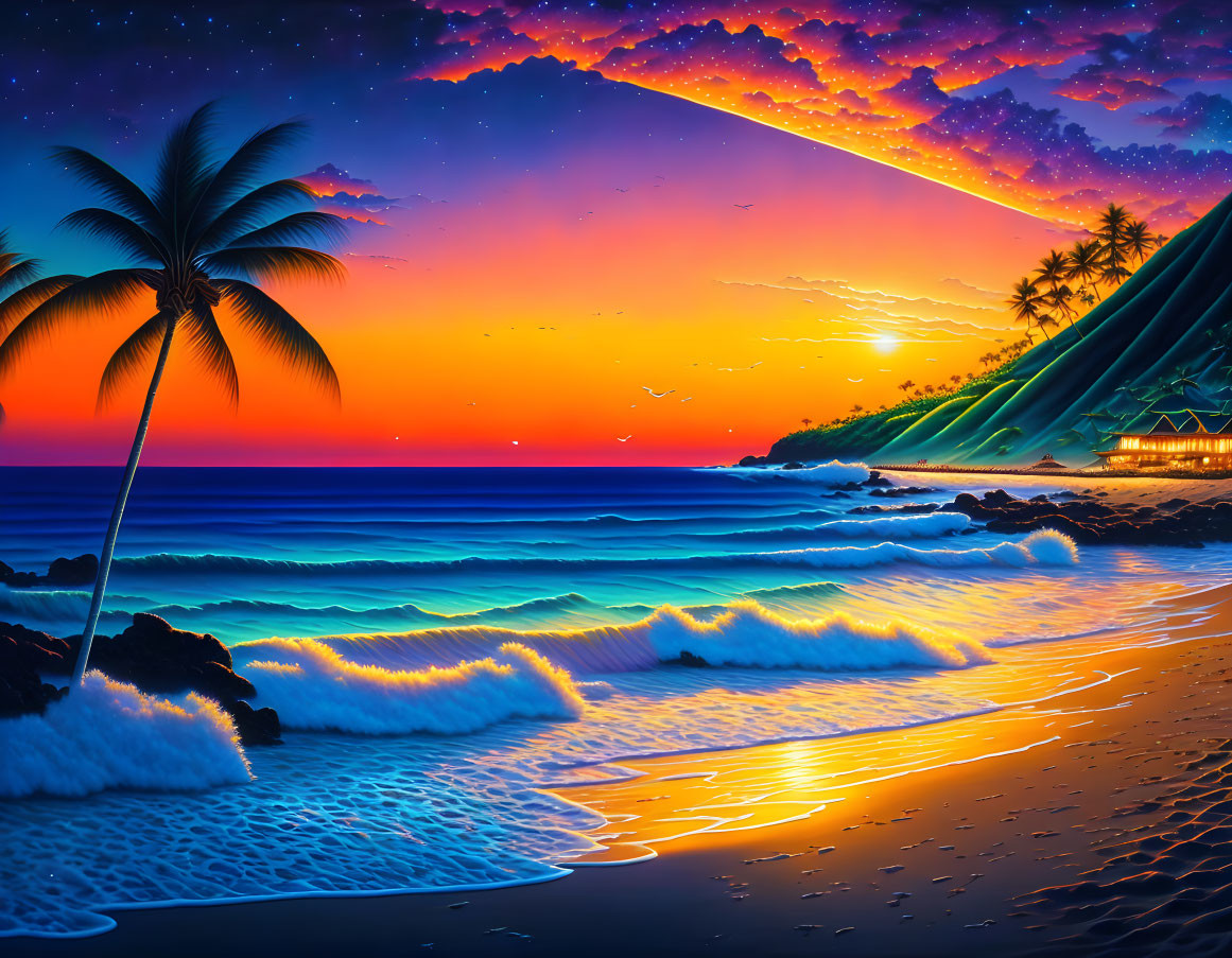 Tropical Beach Sunset with Palm Trees & Thatched Hut