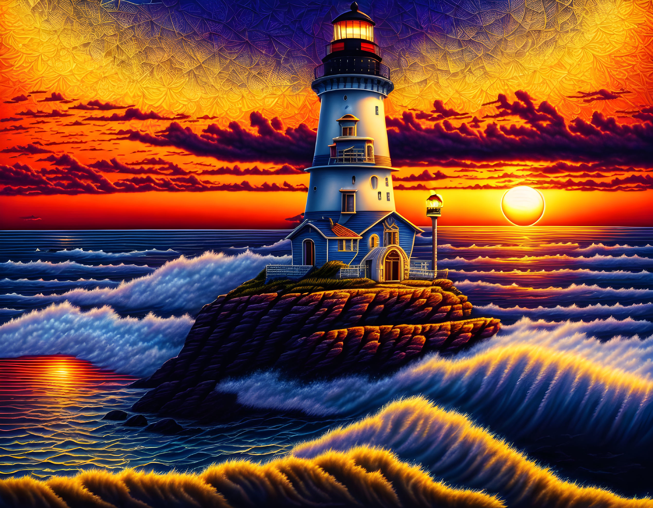 Colorful sunset lighthouse painting with crashing waves on cliff