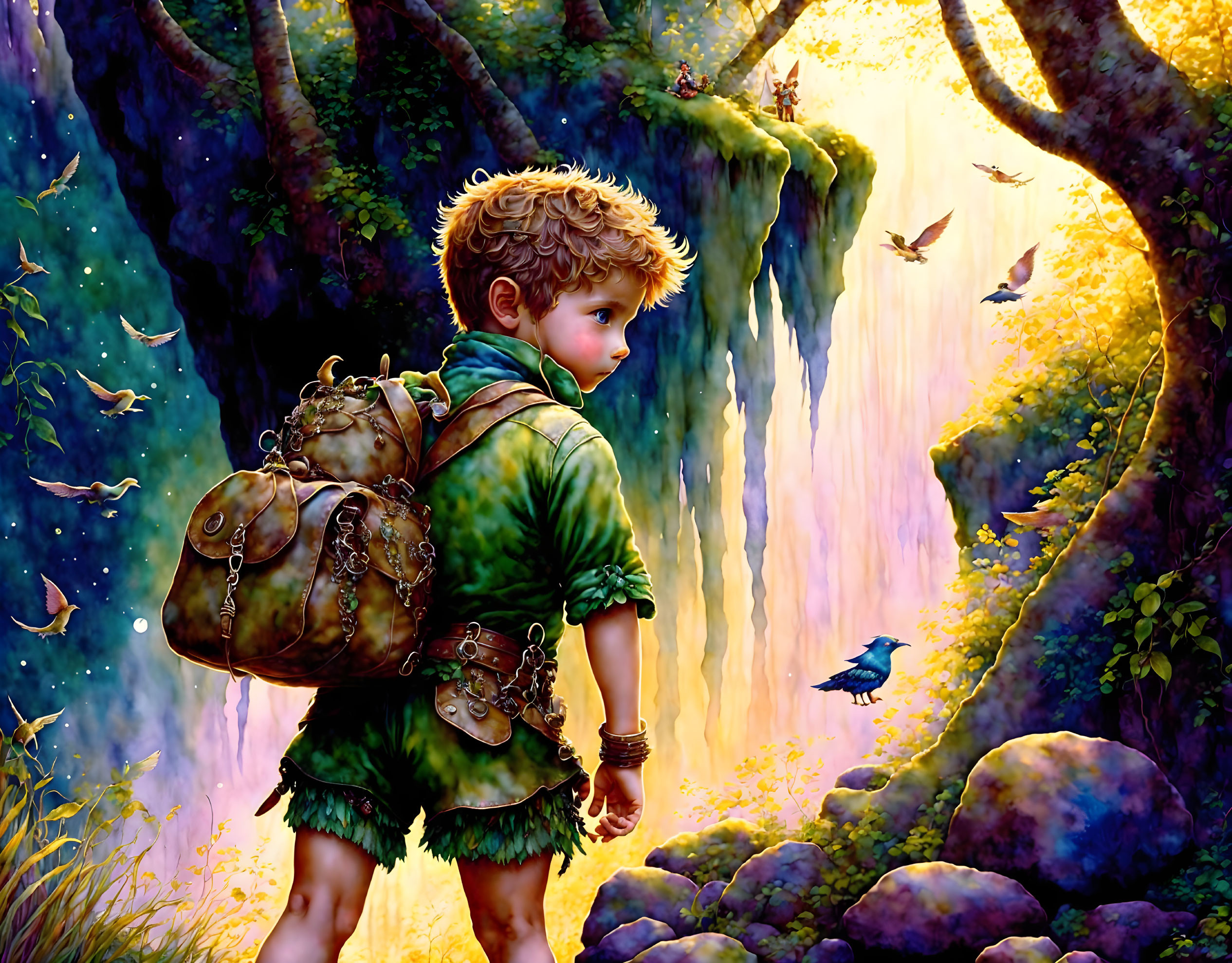 Young Explorer in Vibrant Mystical Forest with Waterfalls