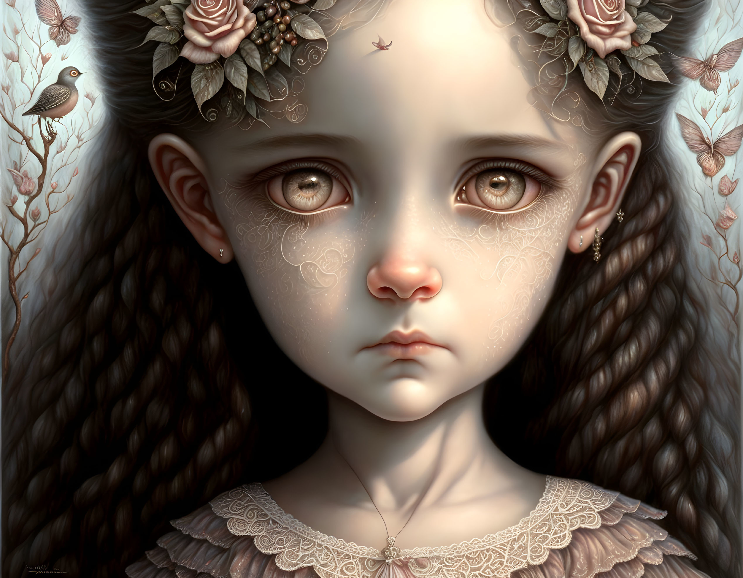 Hyperrealistic Illustration of Young Girl with Sorrowful Eyes and Floral Adornments