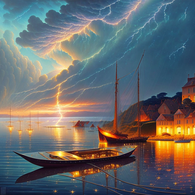 Vibrant coastal scene at night with lightning, sailboat, water reflection, illuminated houses