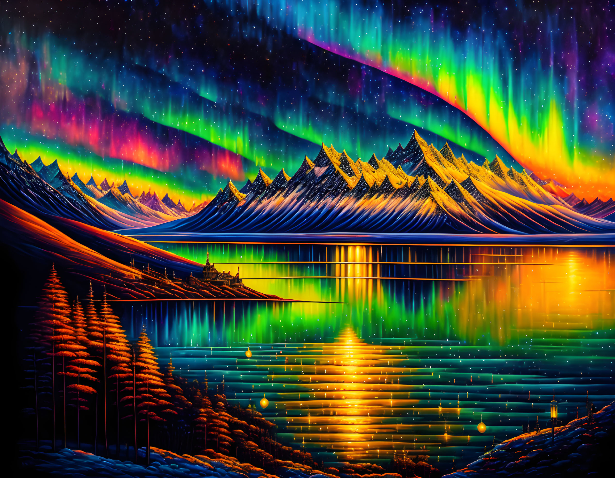 Colorful digital artwork: Mountain range, aurora, mirrored reflection