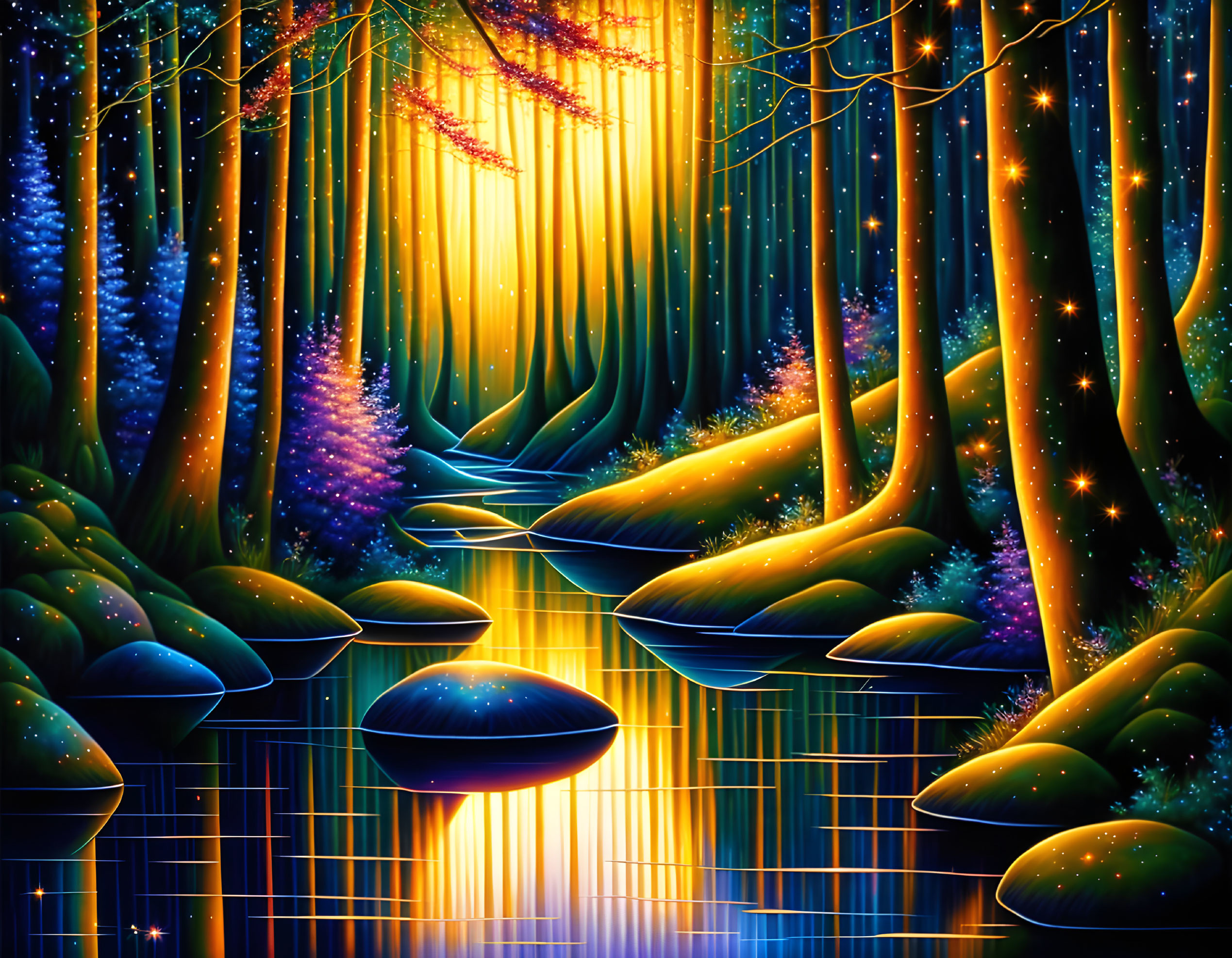 Colorful fantasy forest with glowing lights and star-like sparkles