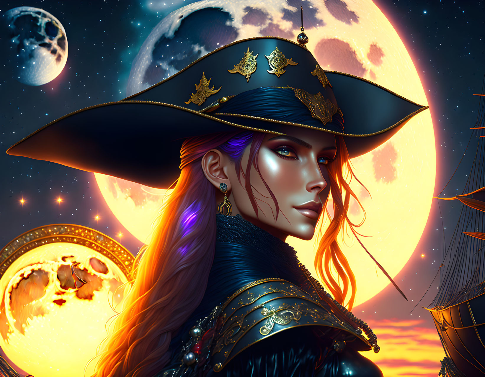 Fantasy pirate woman with tricorn hat in cosmic setting