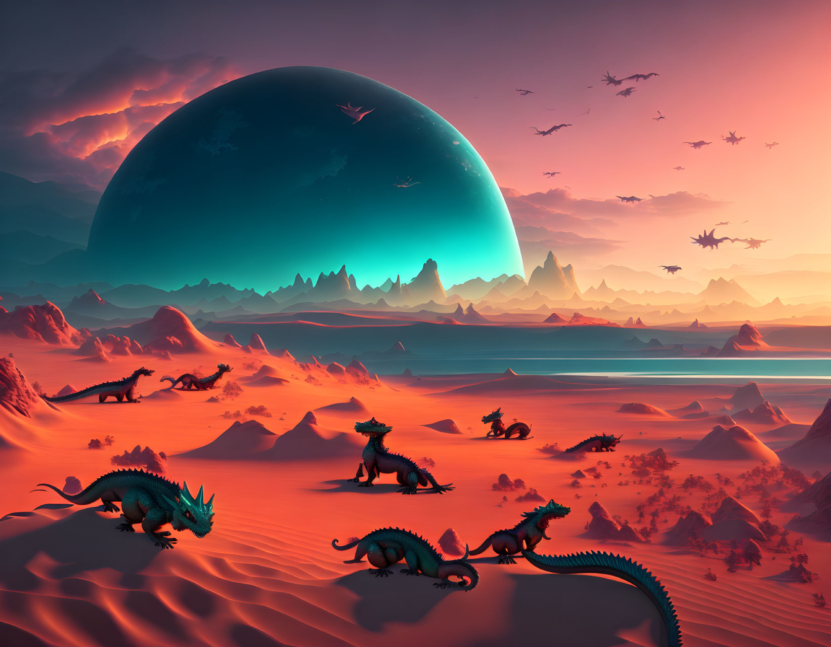 Surreal landscape with dragons on red sands under large moon and sky with birds.