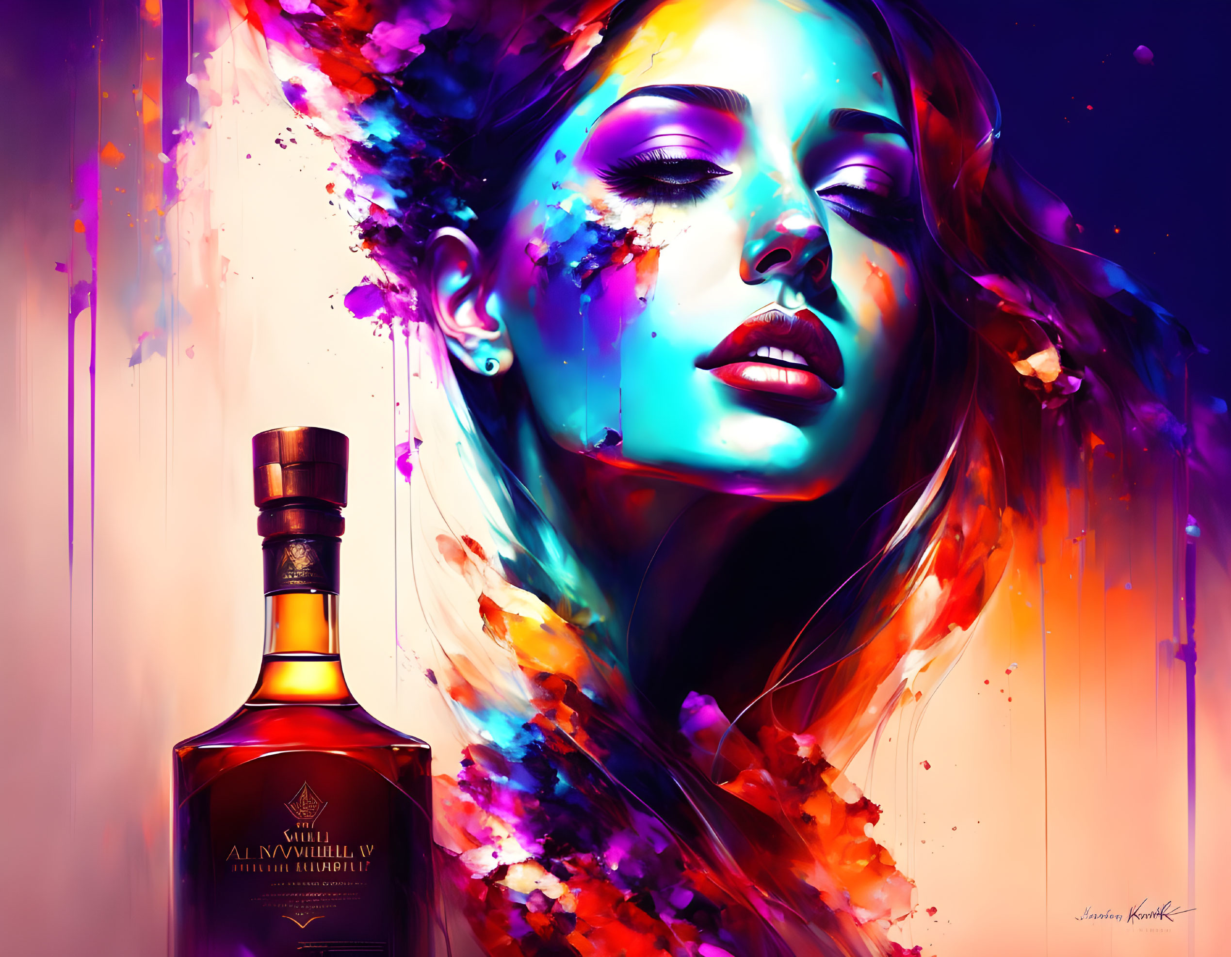 Colorful digital artwork: Woman's face with abstract elements and bottle of alcohol