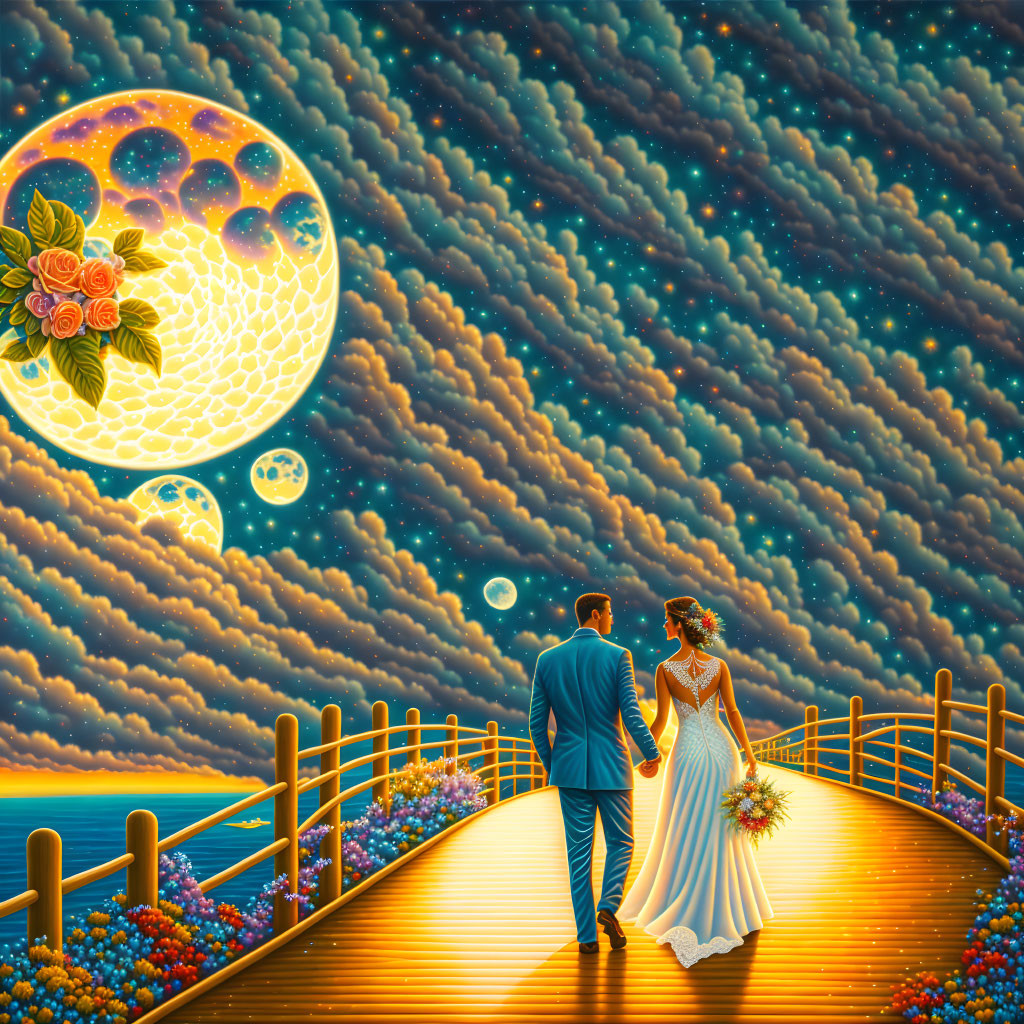 Couple walking on bridge surrounded by flowers under surreal sky