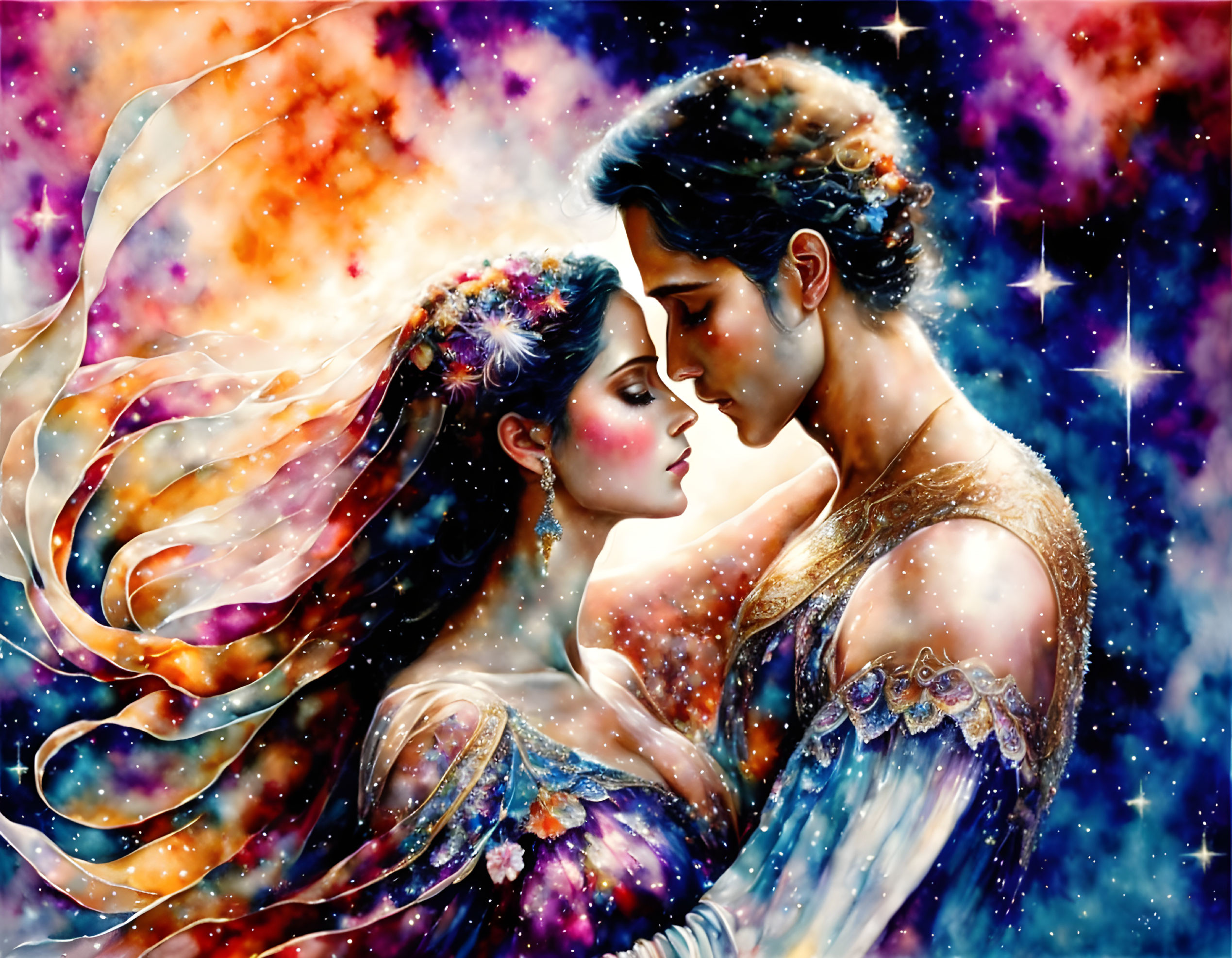 Romantic embrace on cosmic background with celestial motifs