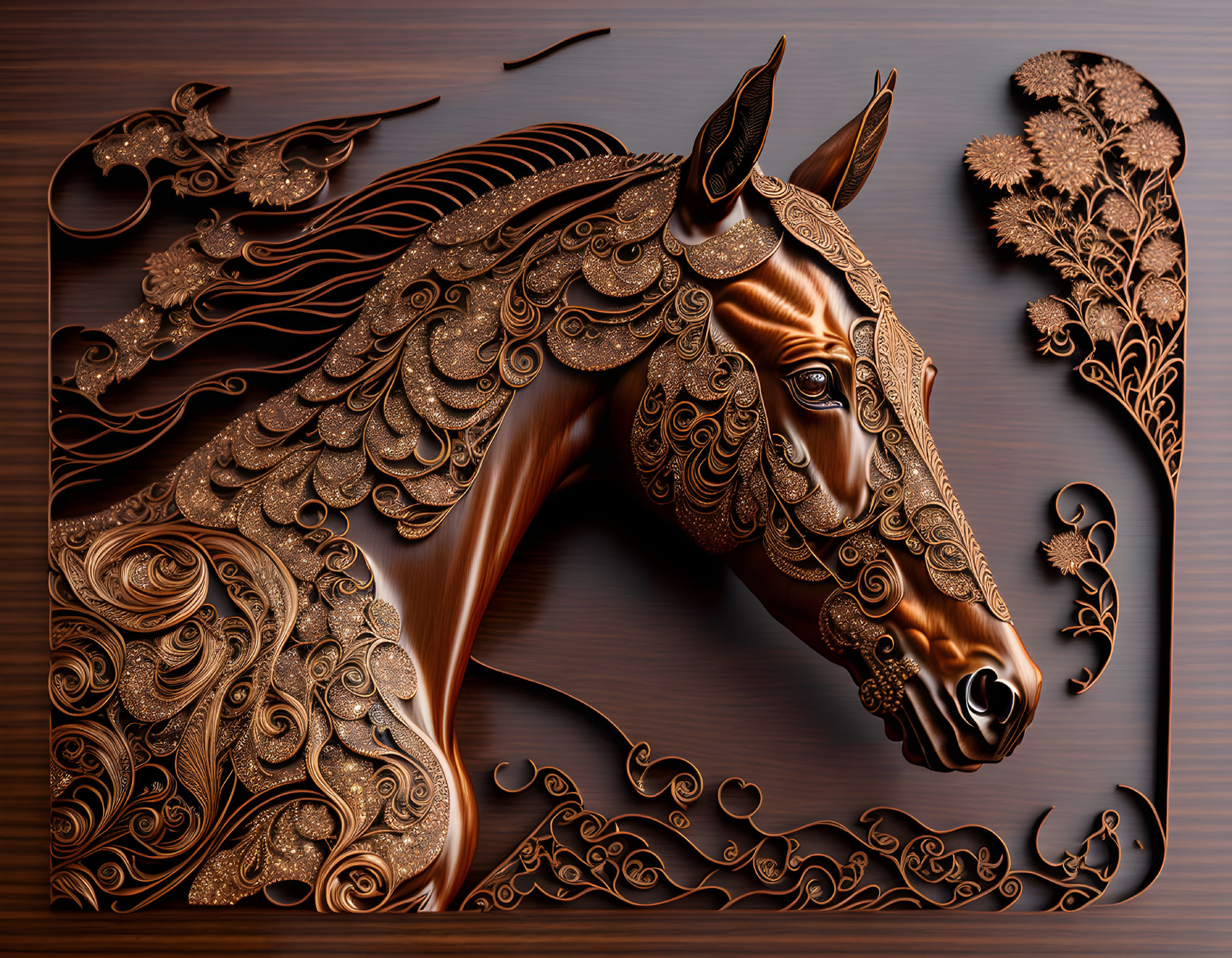 Intricate Wooden Carving of Horse's Head with Floral Patterns