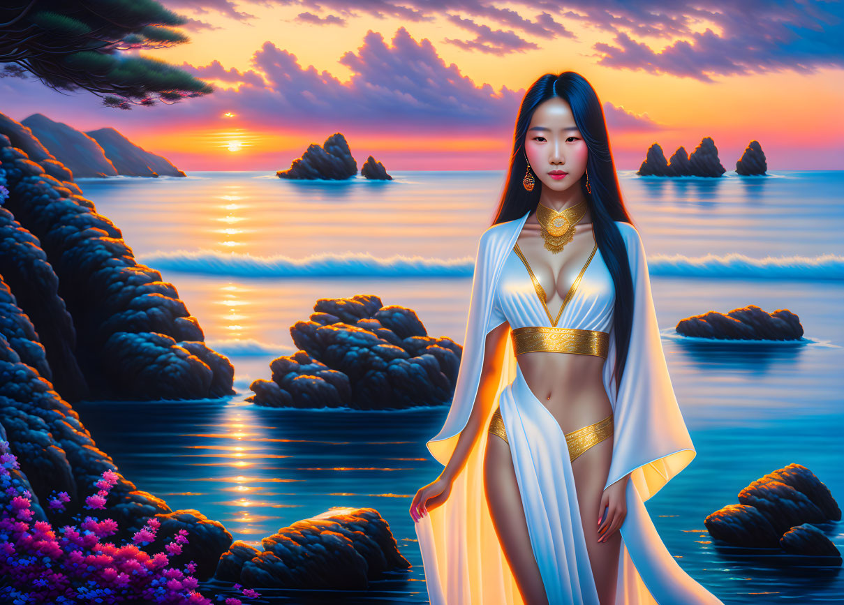 Traditional attire woman by vibrant coastal sunset.