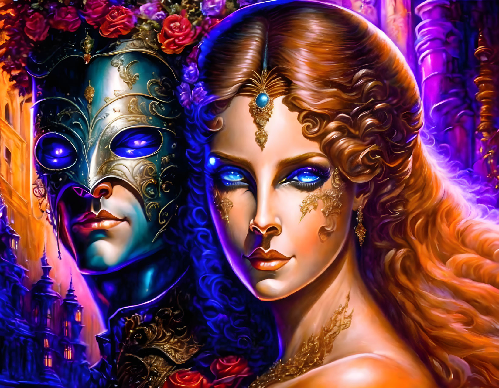 Colorful digital art: Masked couple in Venetian masquerade setting