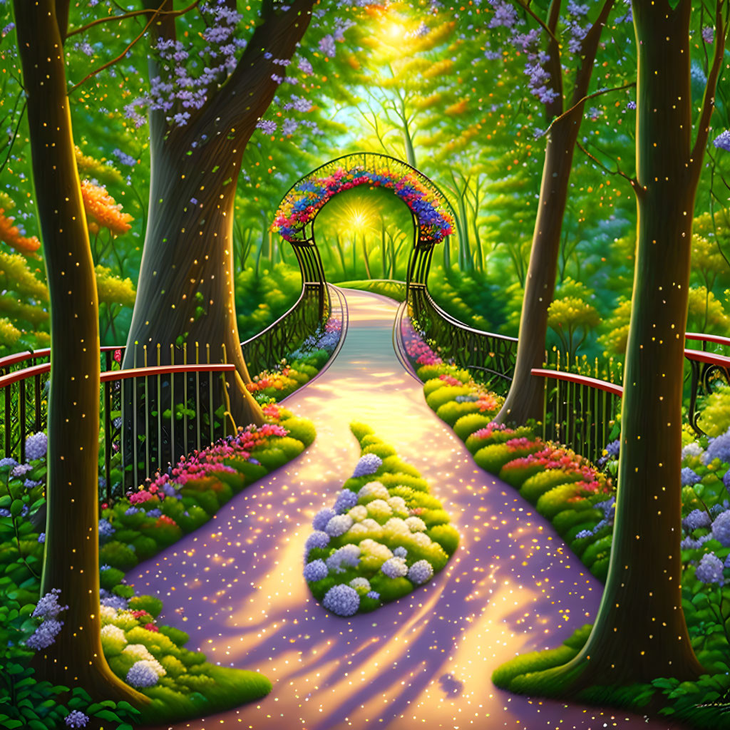 Colorful Garden Path with Flowers, Trees, and Archway