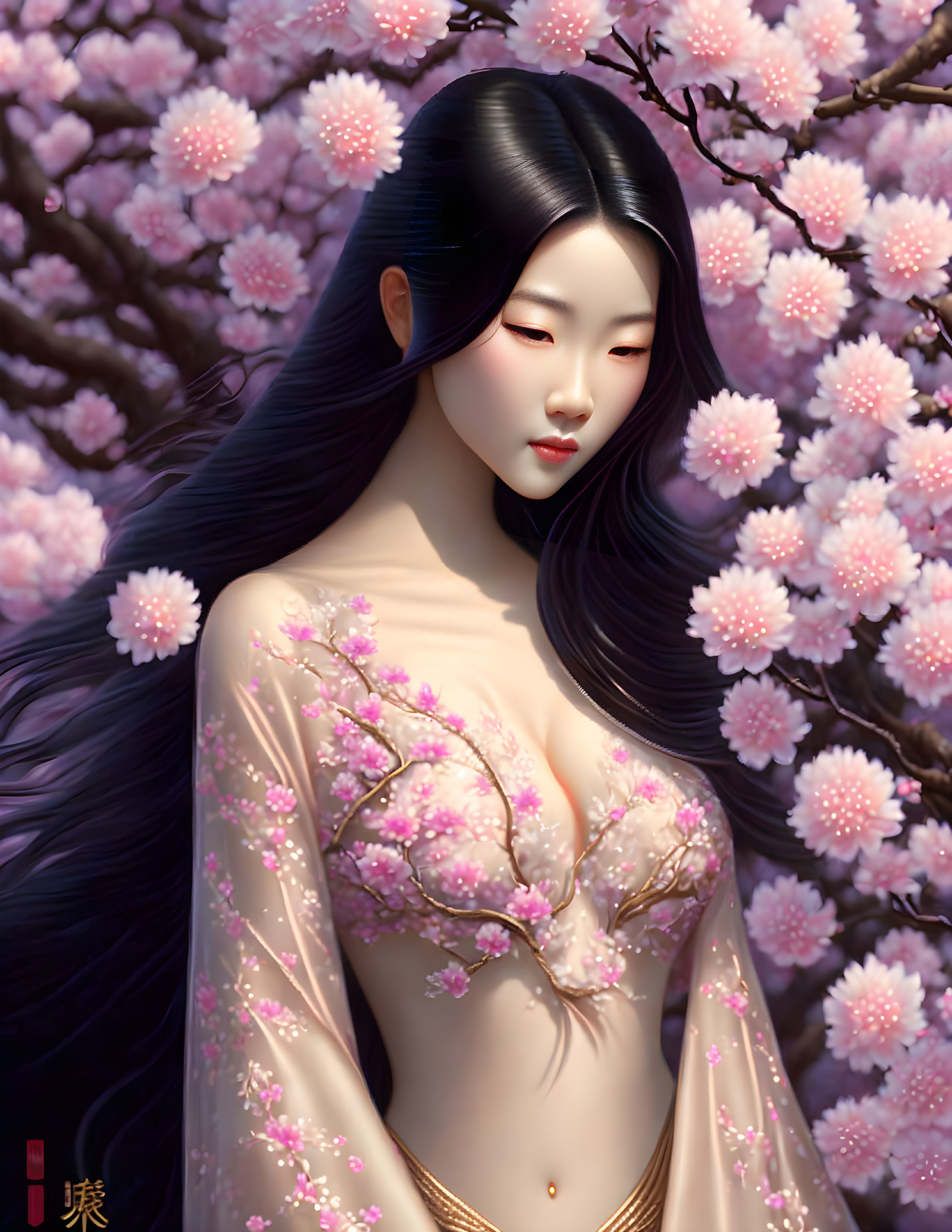 Illustrated woman with long black hair in sheer outfit amid pink cherry blossoms