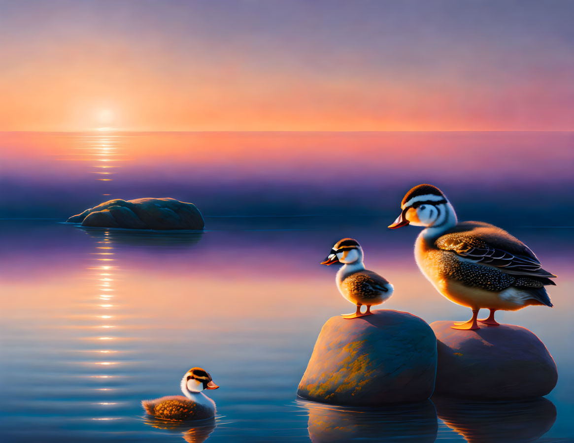 Tranquil sunset scene: Four ducks on lake with reflections, orange and purple sky