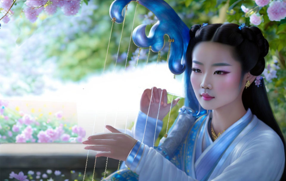 Asian woman playing traditional string instrument in serene garden with blooming flowers.