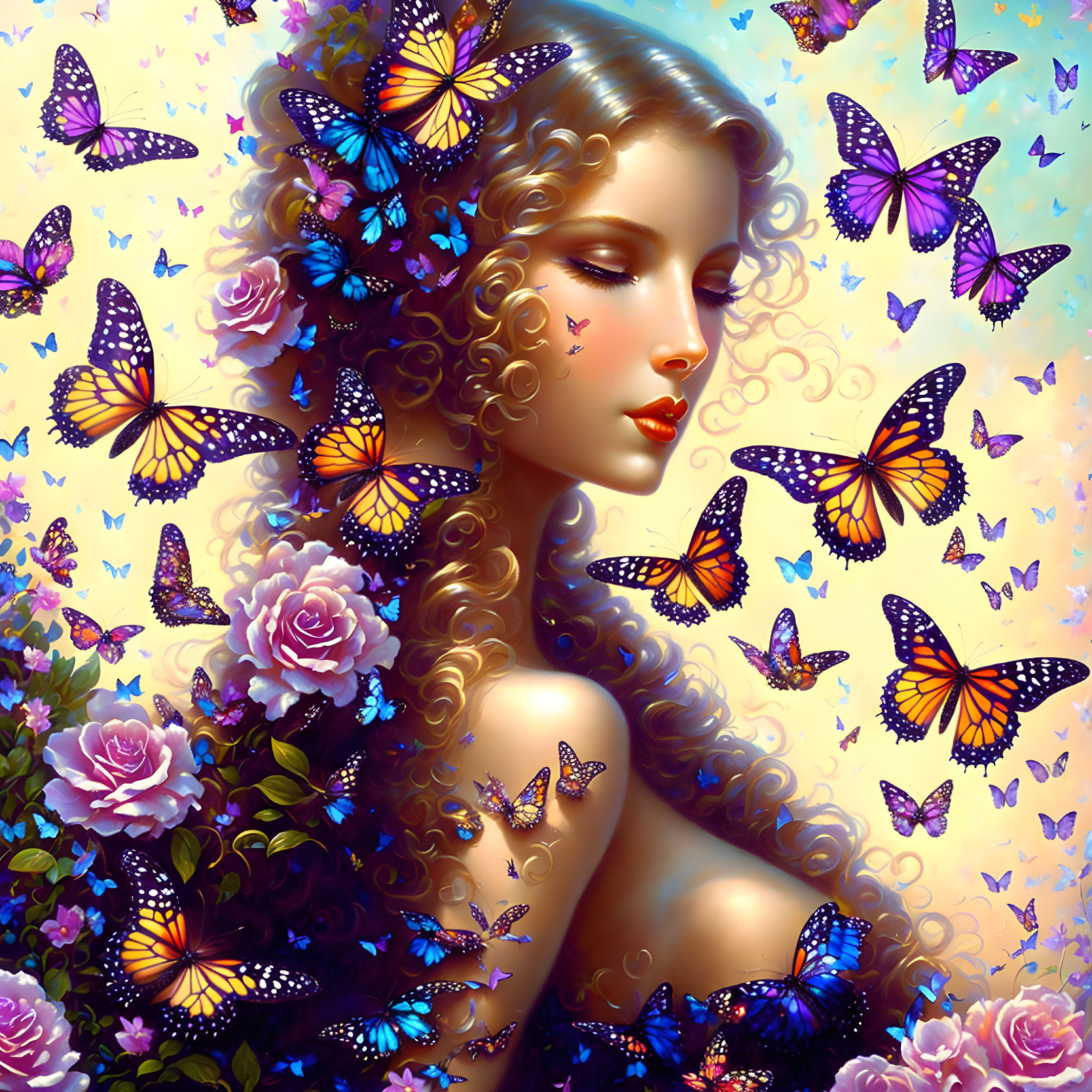 Woman with Colorful Butterflies and Flowers in Long Curly Hair