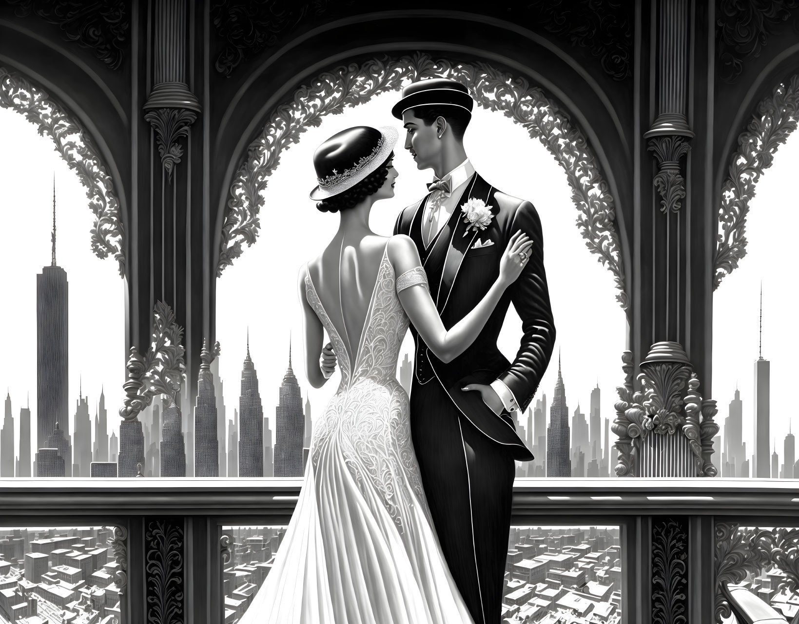 Monochrome wedding illustration: elegant couple embracing on balcony with cityscape backdrop