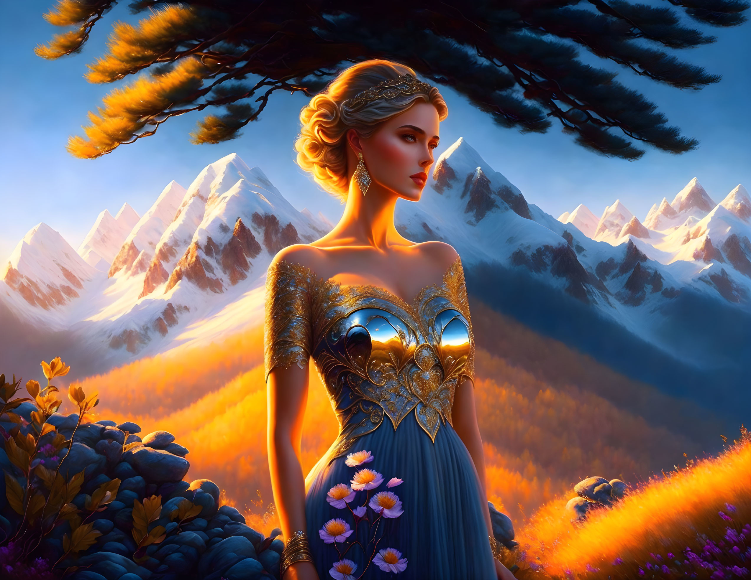 Illustrated woman in ornate gown in bloom-filled landscape with snowy mountains