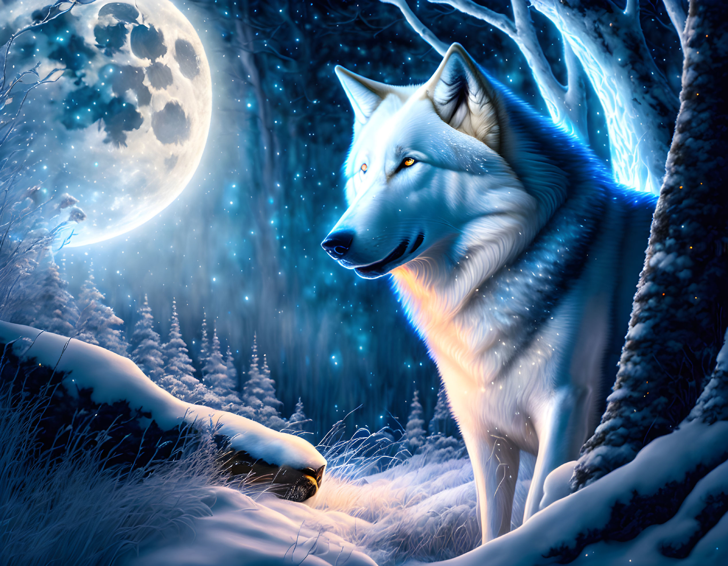 White wolf in snowy forest under full moon