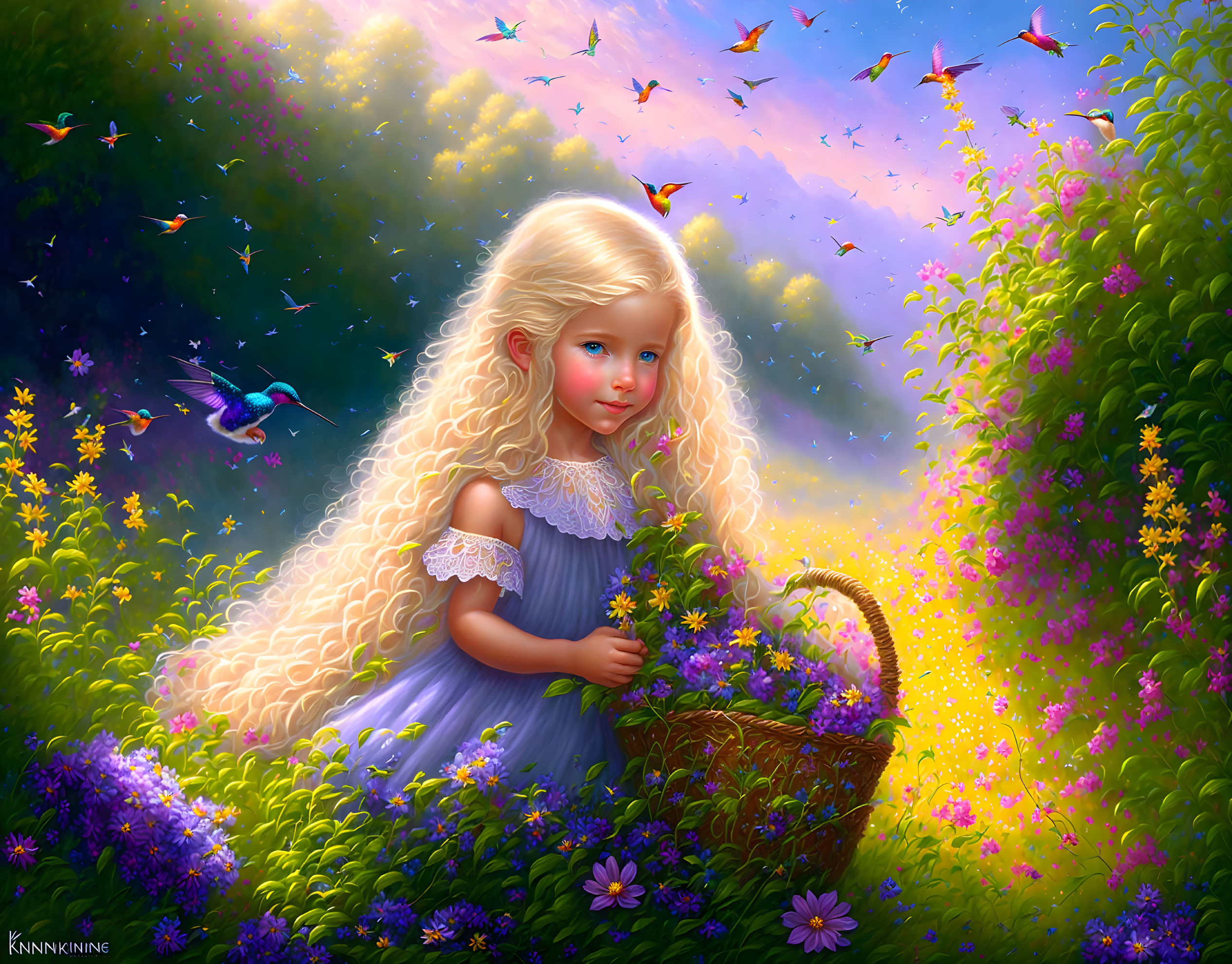 Curly Blonde Girl in Flowery Meadow with Birds and Butterflies