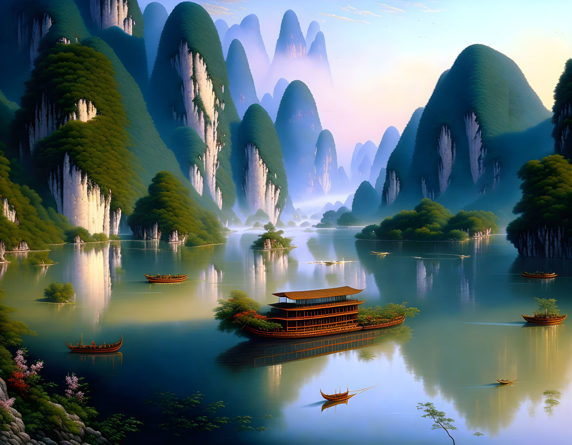 Tranquil river landscape with traditional boats and misty karst mountains