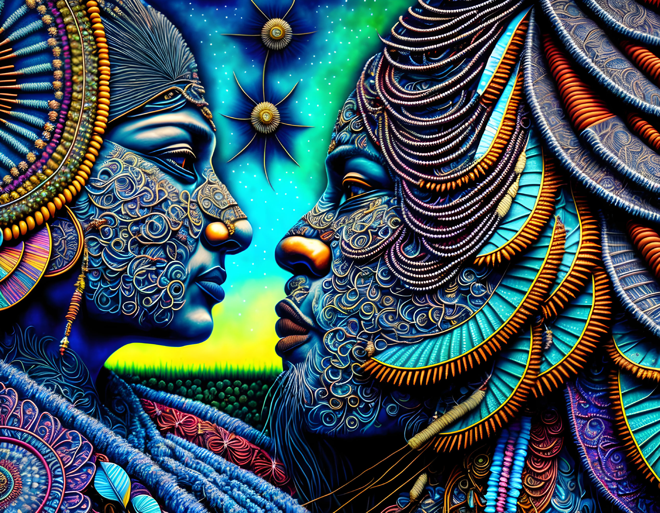 Colorful Psychedelic Illustration of Two Decorated Faces on Cosmic Background