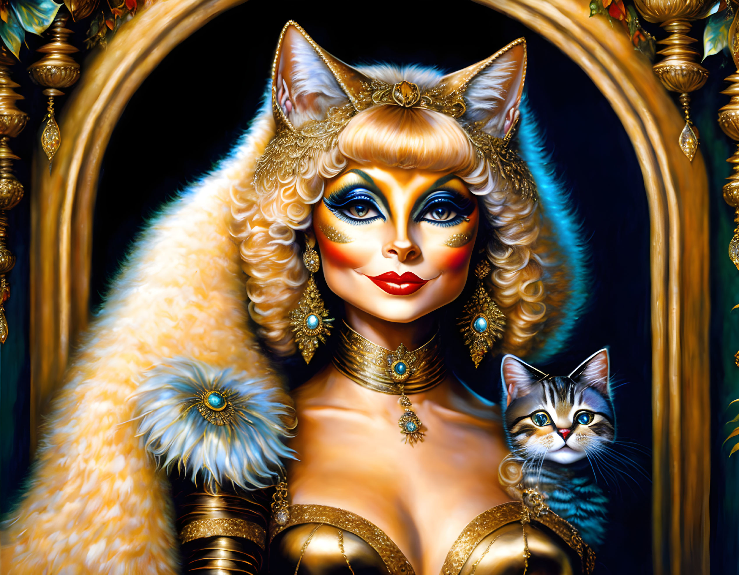 Cat-Headed Woman Portrait with Domestic Cat in Ornate Frame