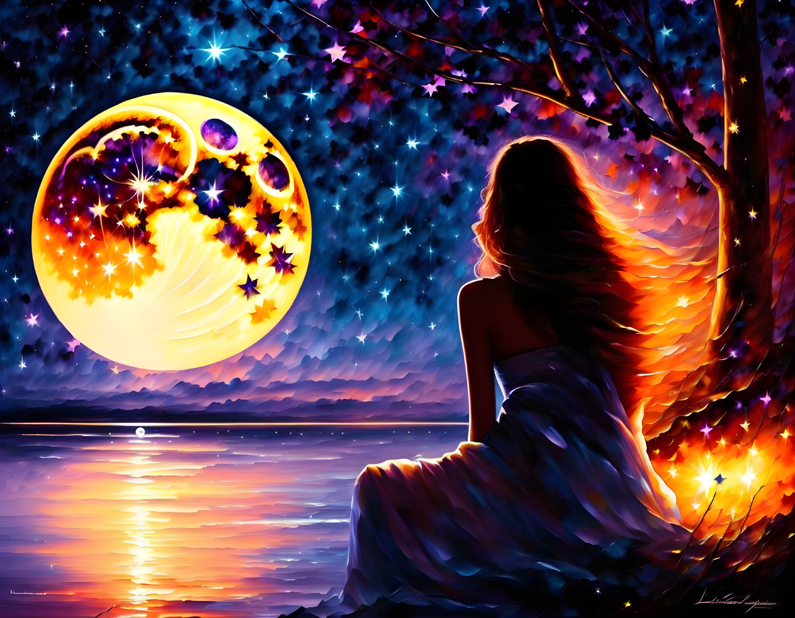 Woman by Lake Under Colorful Moon and Starry Sky