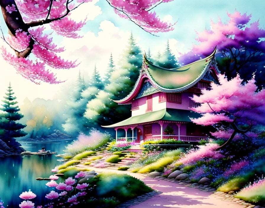 Traditional Asian-style house with pink trees, river, and lush greenery in colorful art.