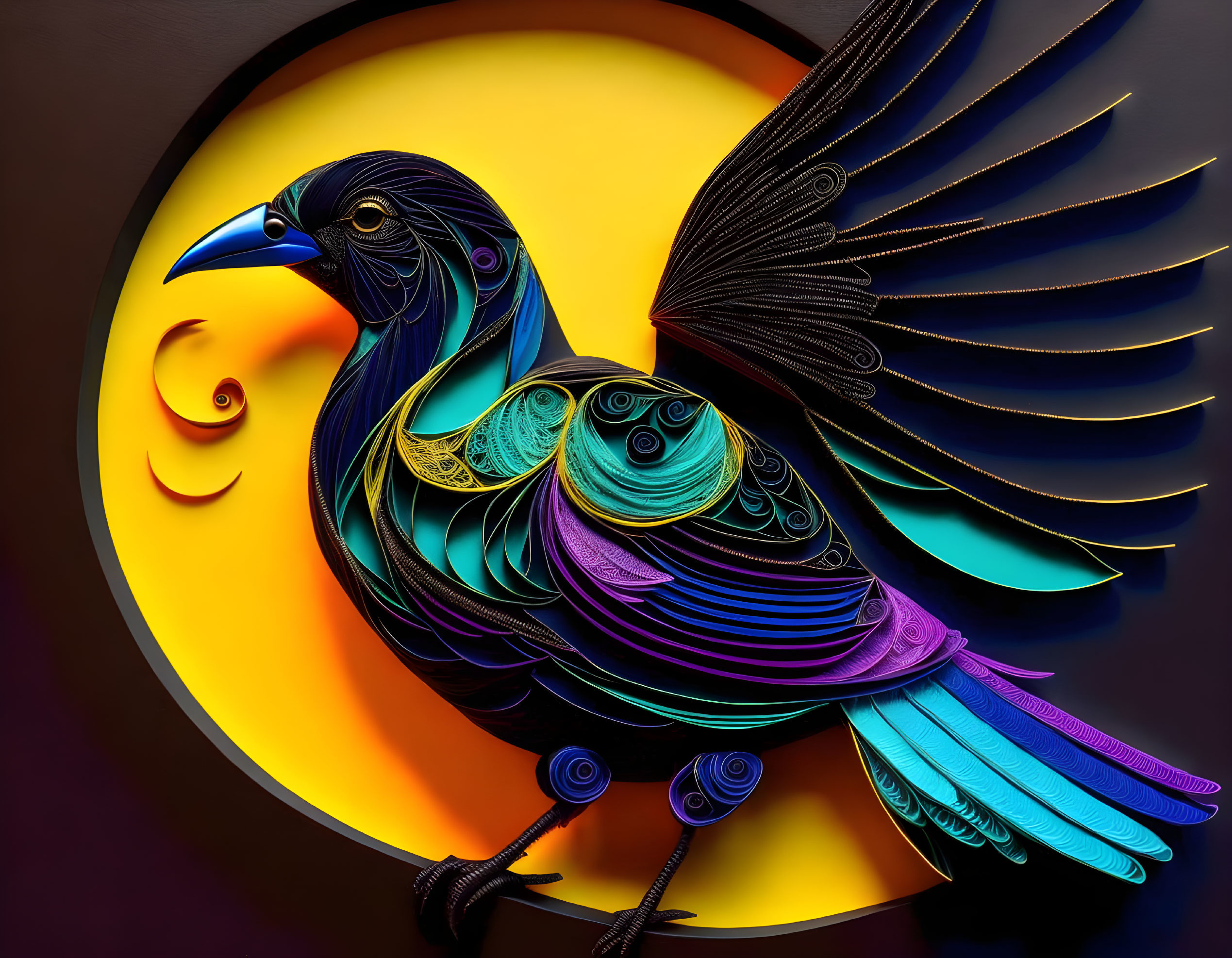 Colorful Stylized Bird Artwork on Yellow and Dark Background