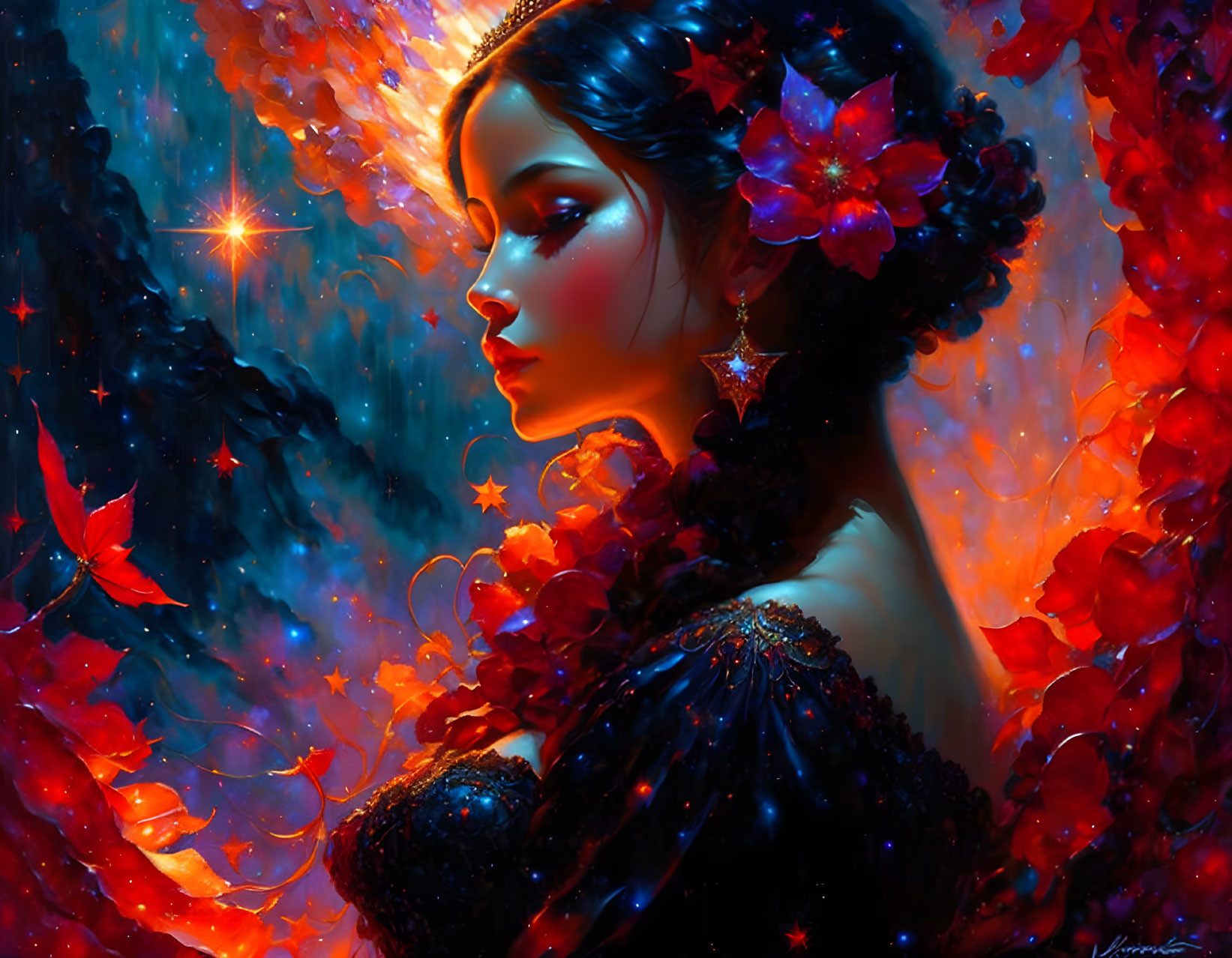 Cosmic-themed woman with tiara, star earring, and red leaf cloak