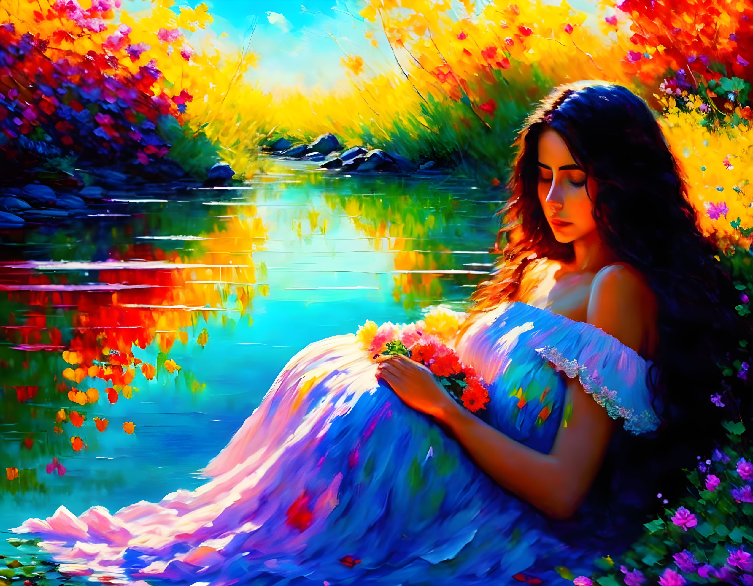 Woman in Blue Dress by Vibrant Riverside with Flowers and Sunlight