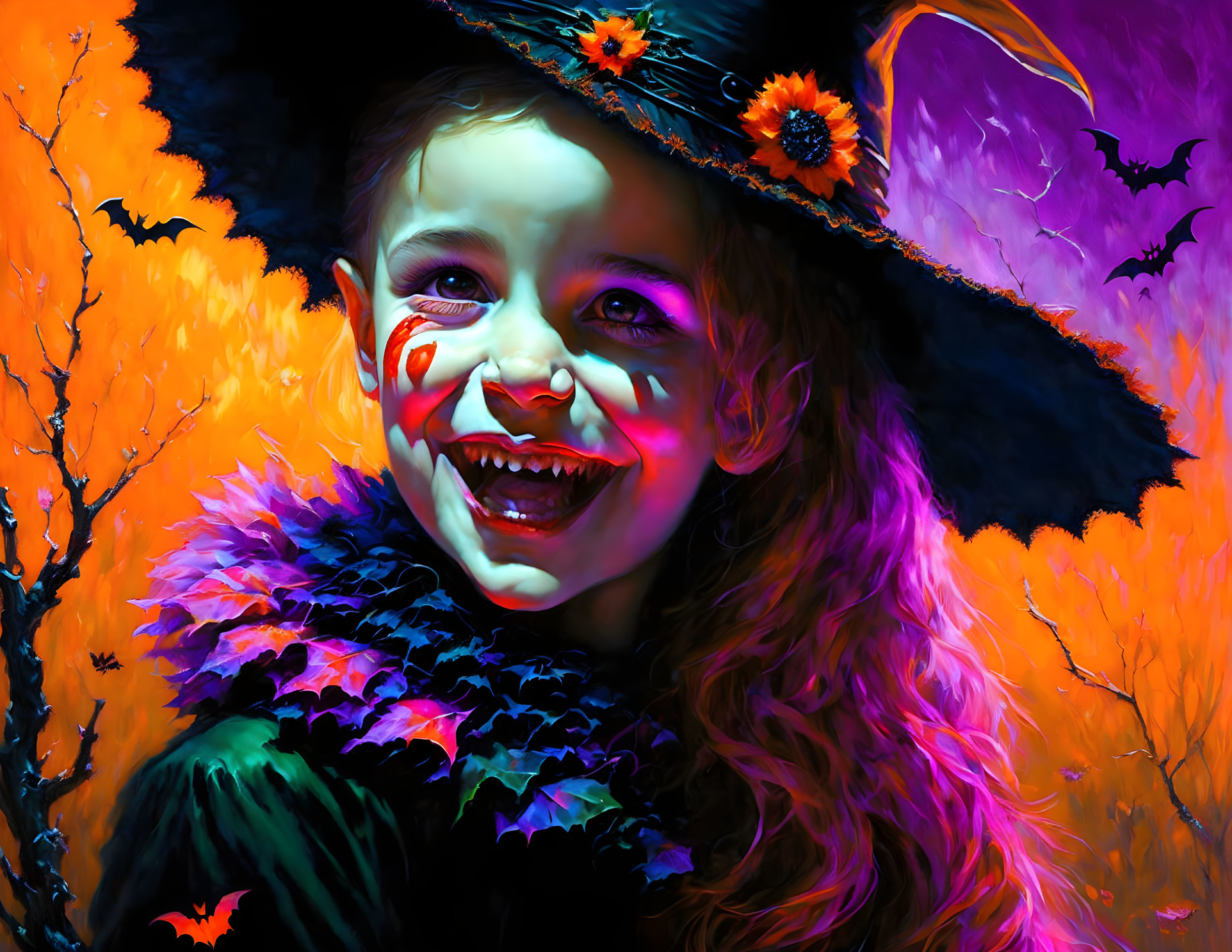 Child in witch costume smiling against Halloween backdrop with bats