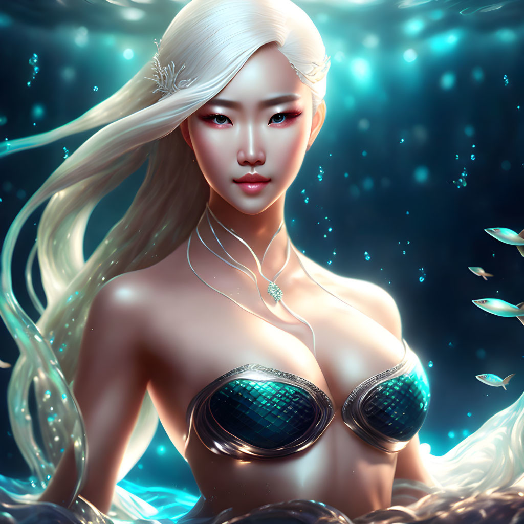 Digital art: Female figure with white hair, iridescent mermaid top, mystical blue glow,