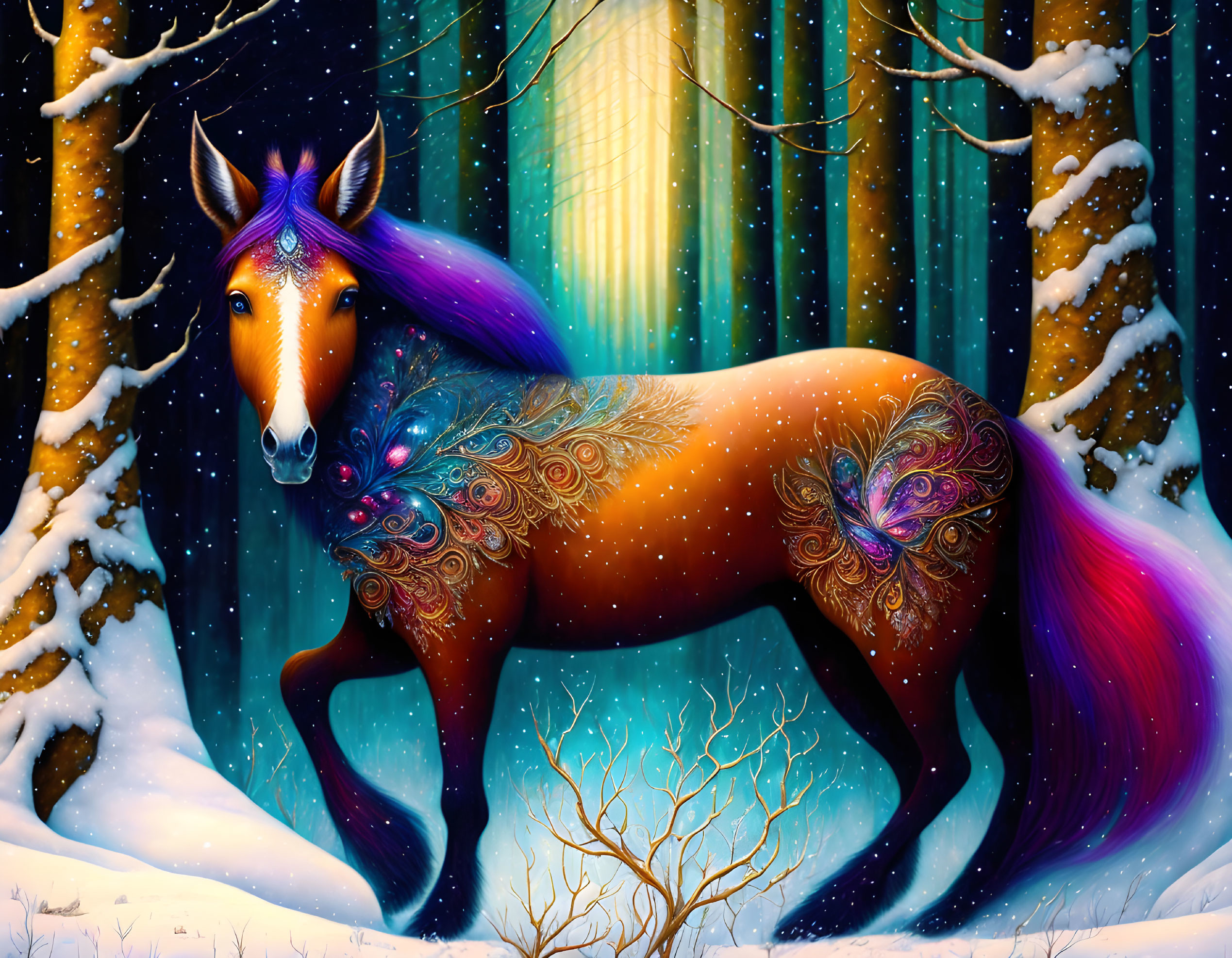 Colorful mythical horse with starry patterns in snowy forest