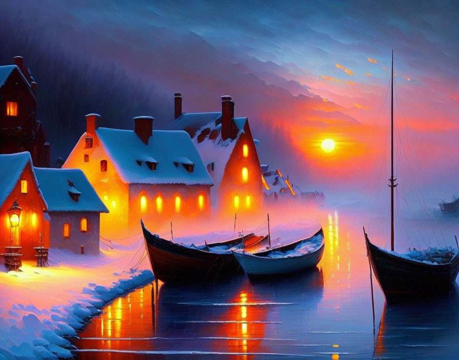 Winter village scene at sunset by a tranquil lake