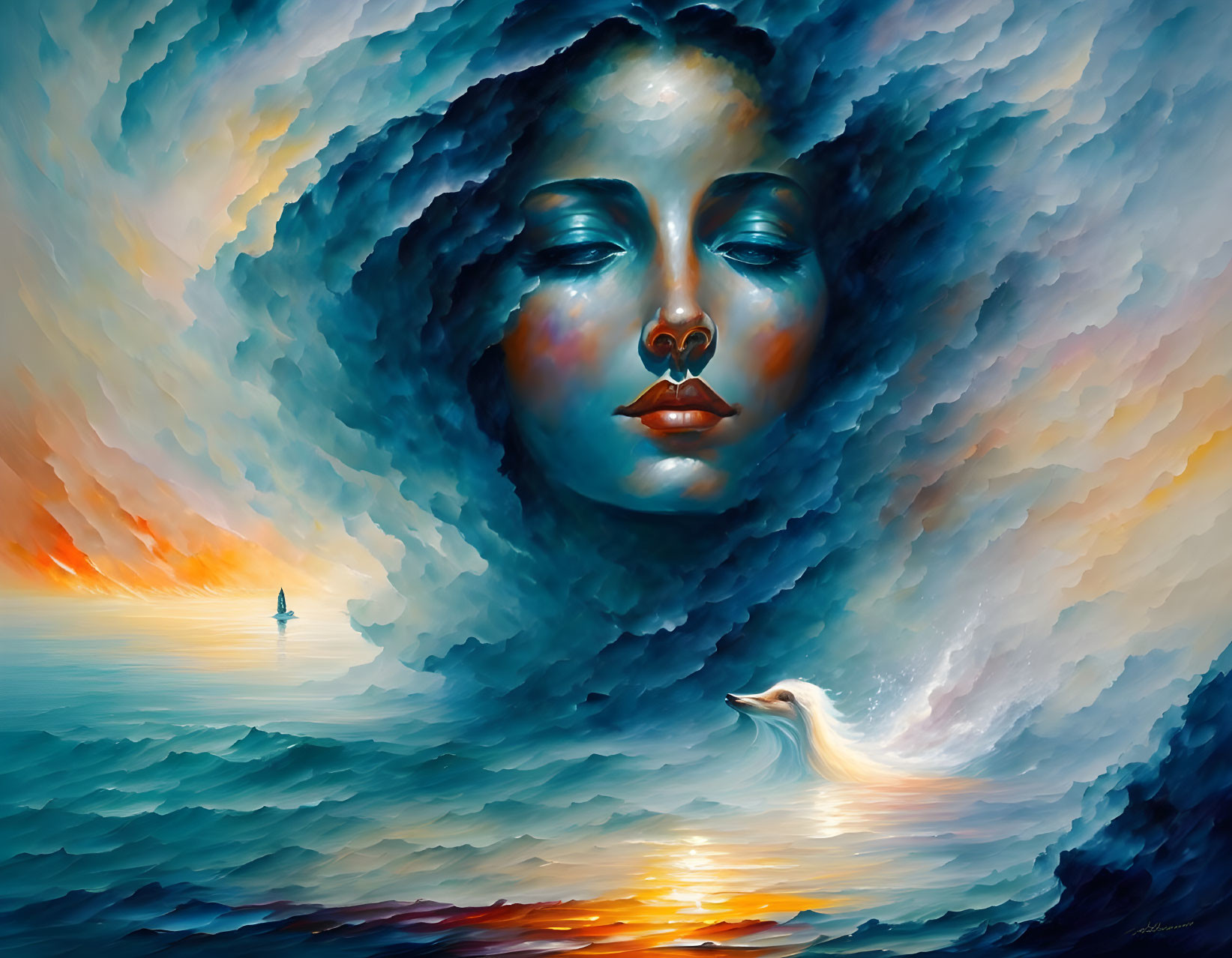 Surreal artwork: female face merges with vibrant seascape