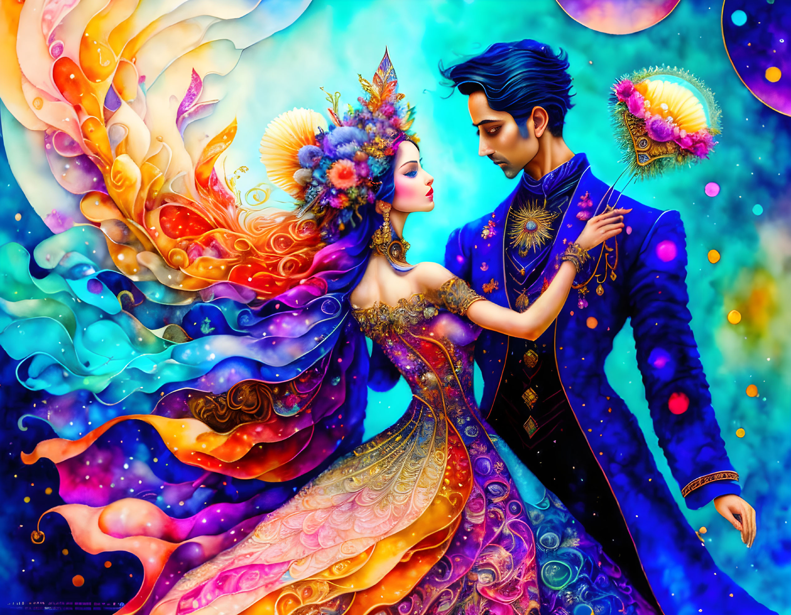 Vibrant illustration of fantastical couple in ornate costumes on blue background