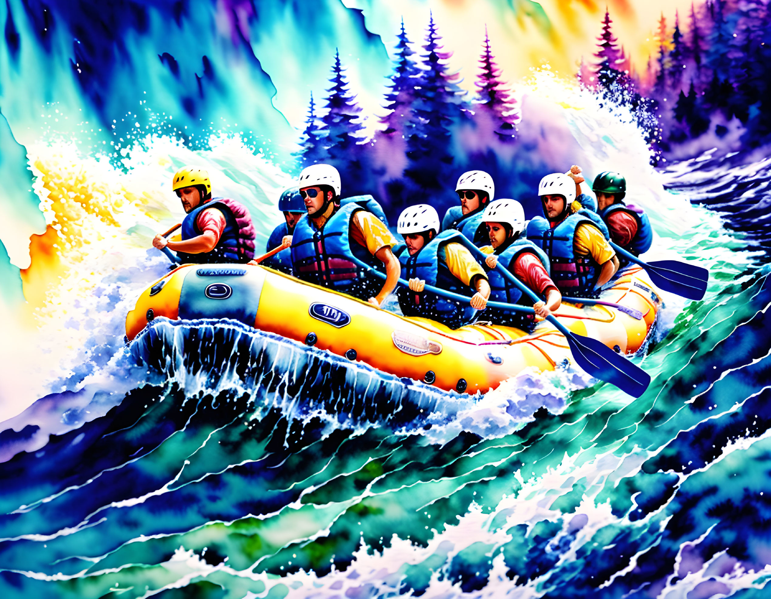 Colorful illustration of people rafting on turbulent waters